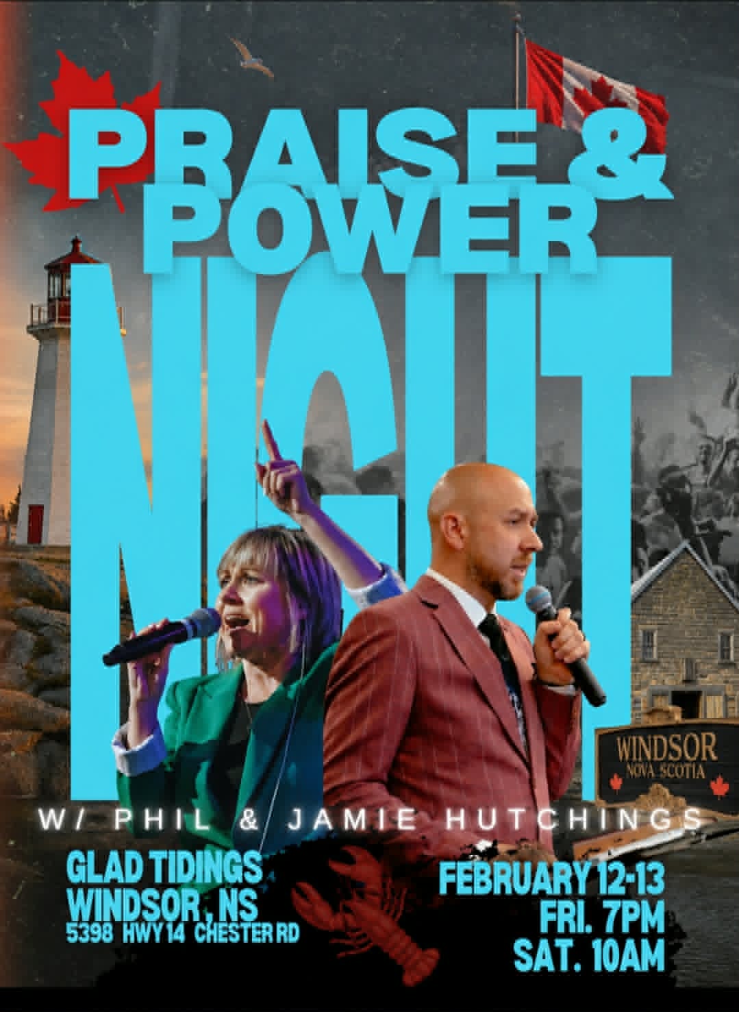 Praise and Power Night flyer for Windsor, Nova Scotia, February 12 and 13 at Glad Tidings