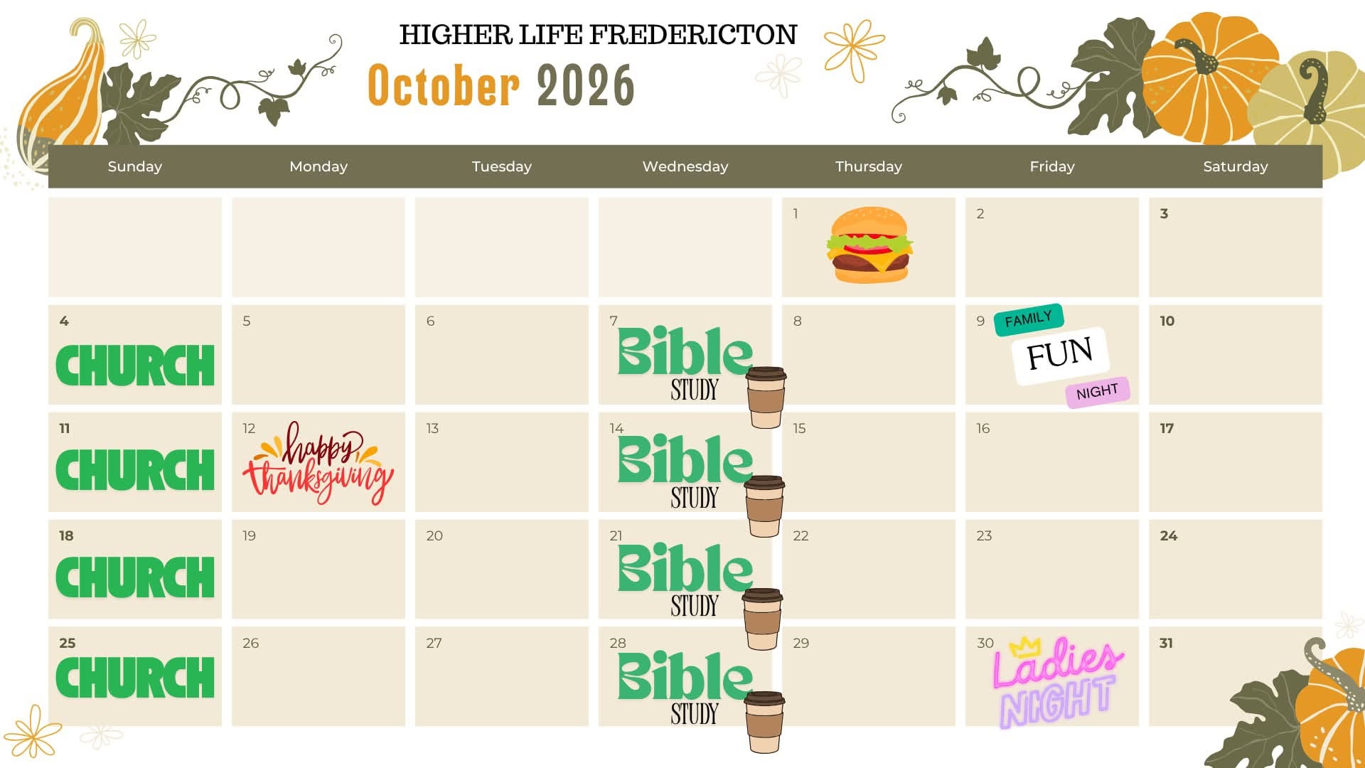 Higher Life Fredericton October 2026 calendar, showing Sunday church services and Wednesday Bible studies