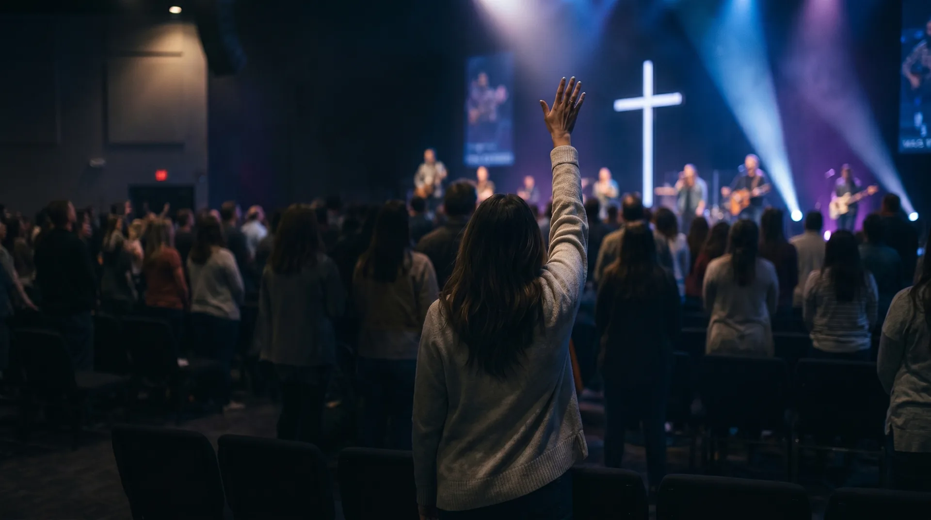 A Higher Life Church worship gathering with a congregant raising her hand toward the stage